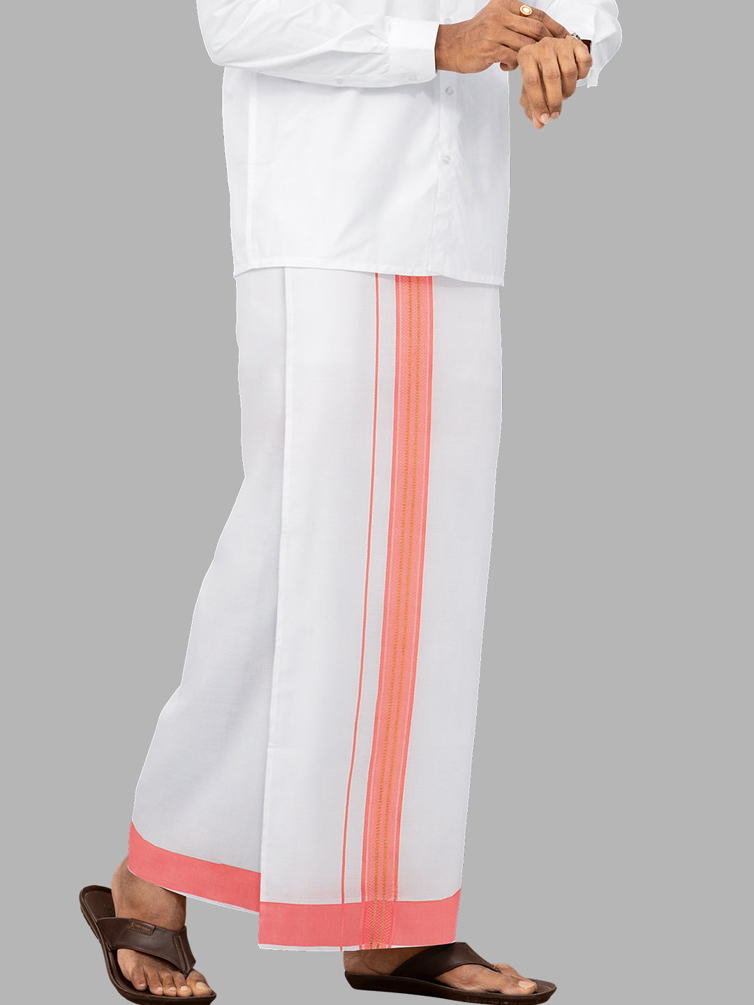 Men Pink Fancy Jari Border Single Layer Adjustable Pocket Dhoti GACJ31