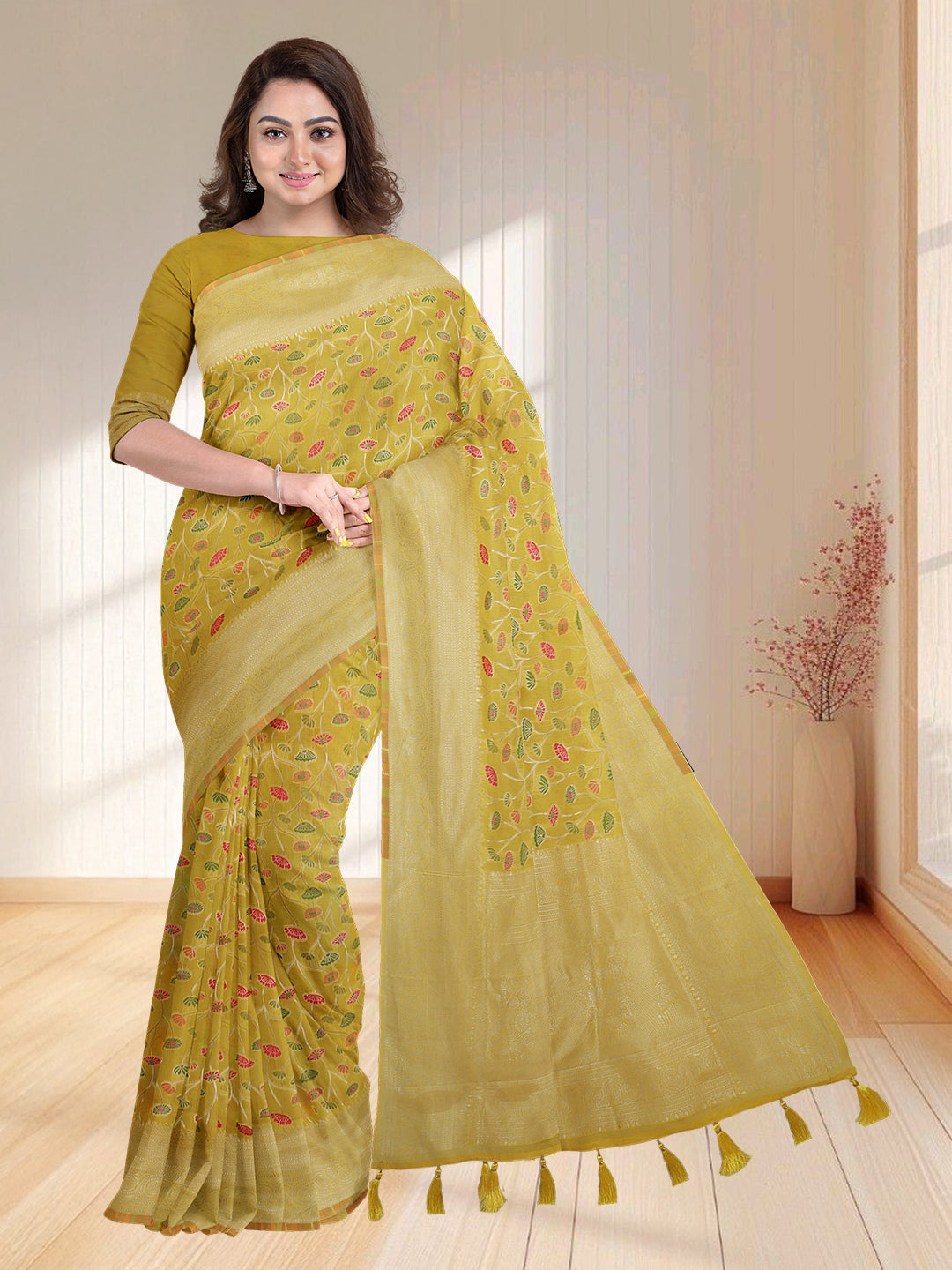 Women Yellow Art Silk Embroidered Saree ASS34