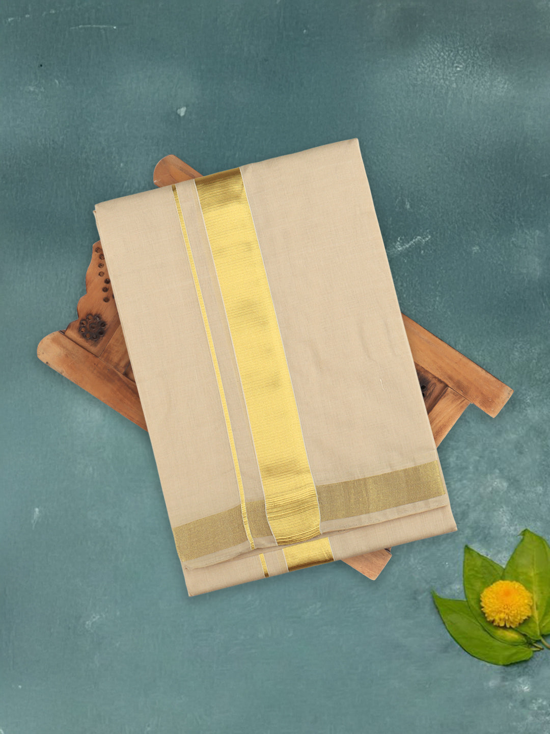 Men Premium Cotton Handloom Dhoti with Gold Jari Border HLM36