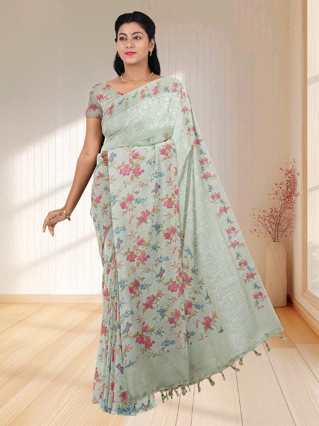 Women Semi Linen Saree Light Yellow SL208