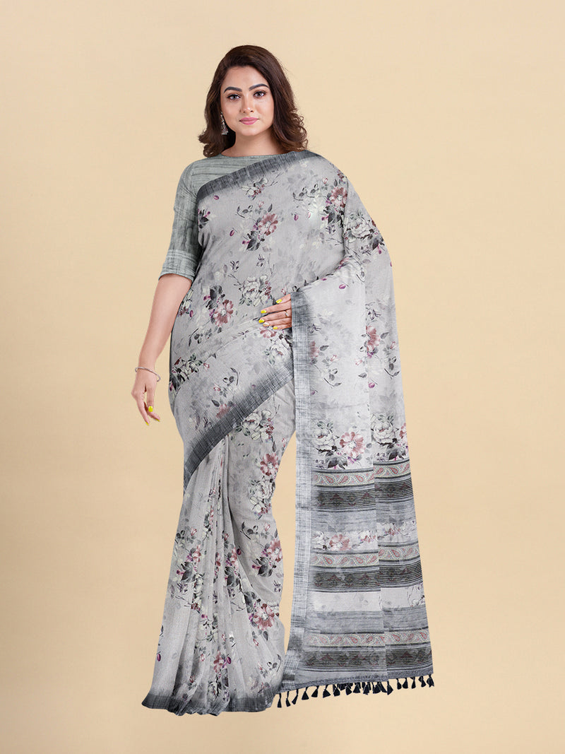 Womens Semi Cotton Grey Flower Printed Saree CPS18