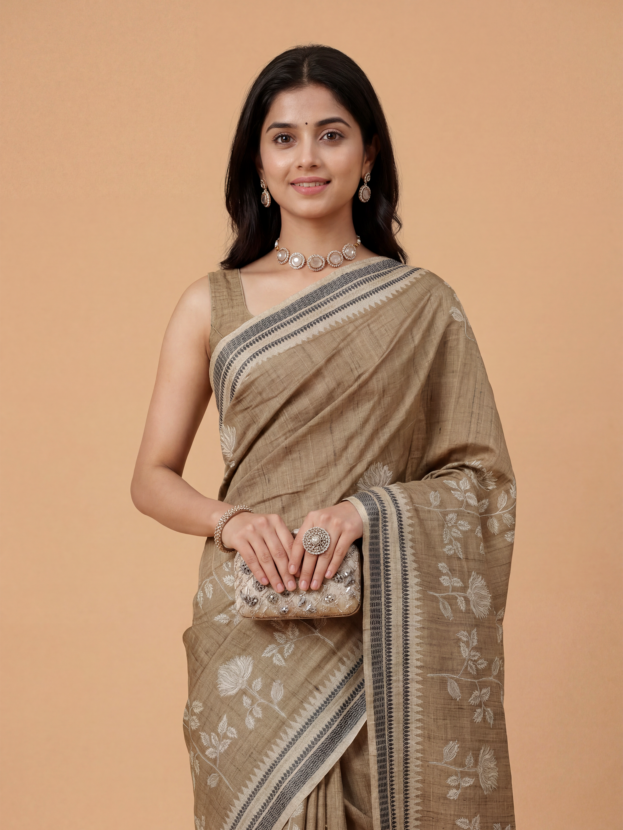 Women Semi Tussar Printed Olive Green Saree ST342