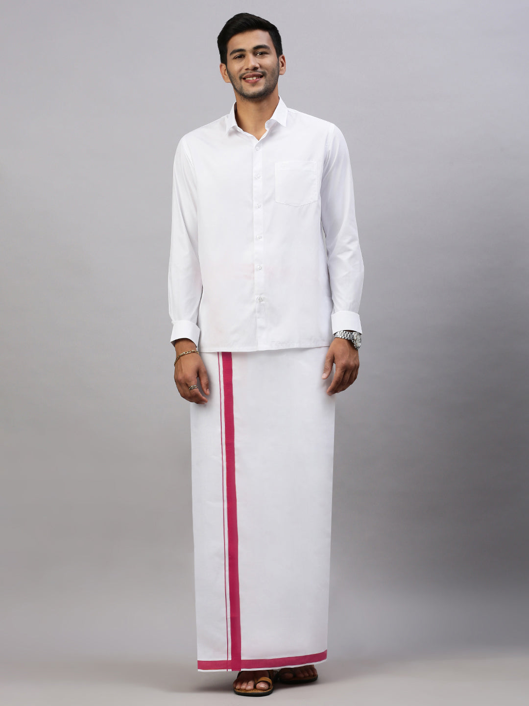 Men Dark Pink Border Single Layer White Dhoti Winner Spl WS21