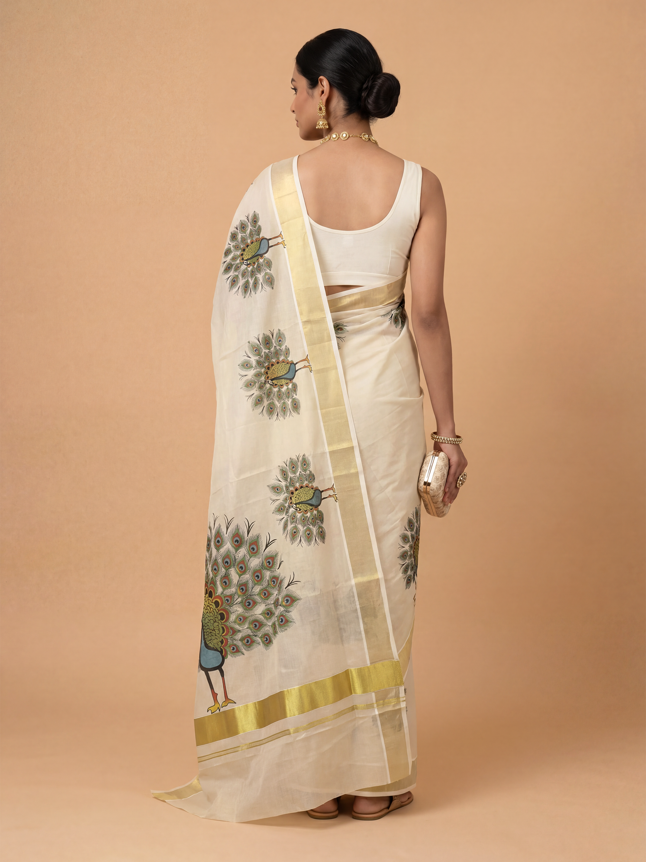 Women Kerala Peacock Printed Cream Saree KLS26