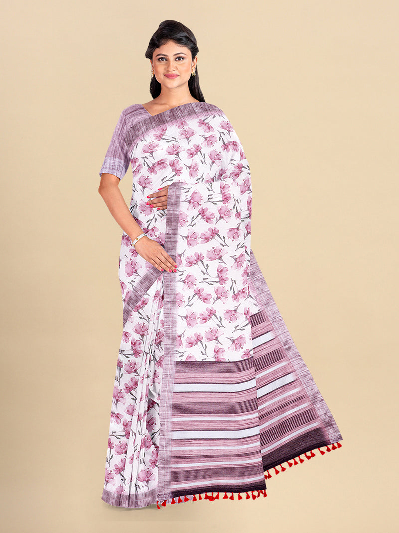 Womens Semi Cotton White & Pink Colour Flower Printed Saree CPS35