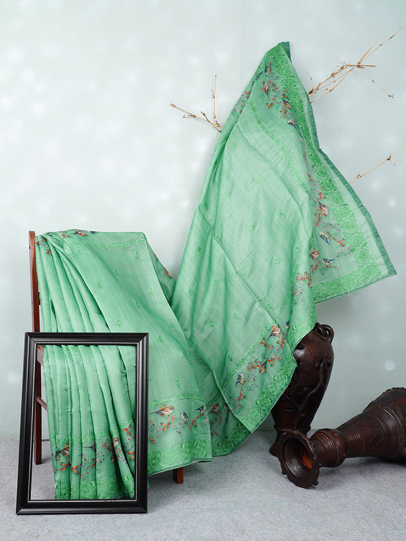 Semi Raw Silk Green Colour Printed Saree with Embroidered Border SRS14