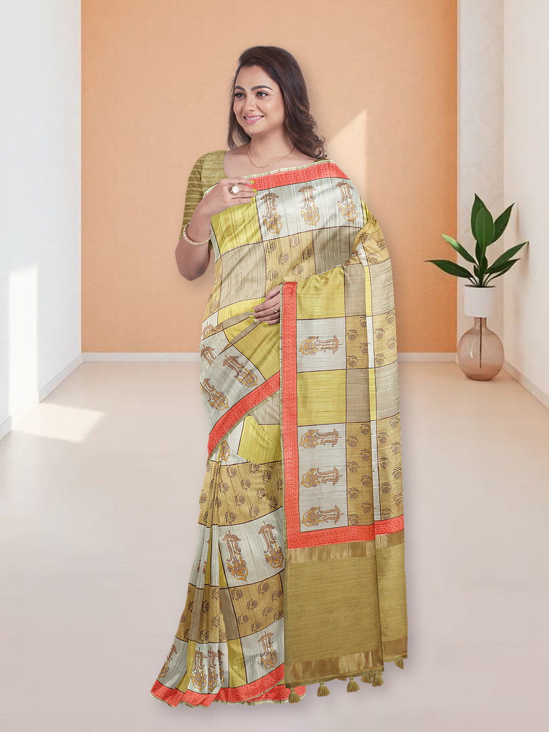 Women Mustard Yellow Semi Tussar Printed Saree ST296