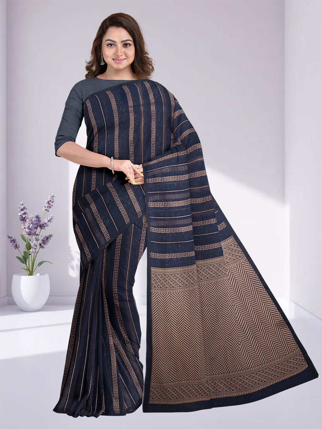 Women Navy Kora Cotton Saree PCS176