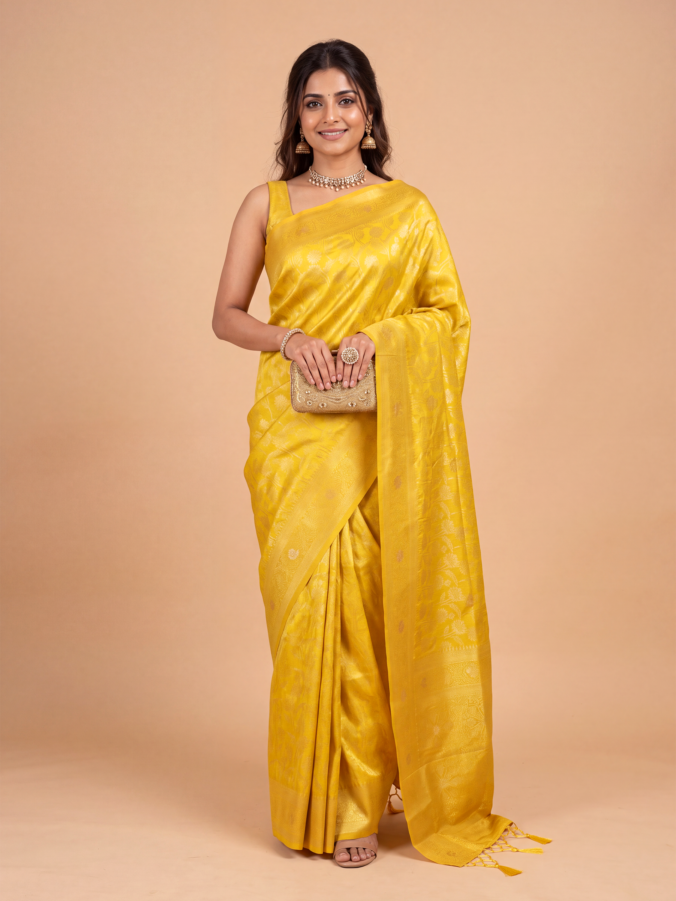 Women Semi Tussar Golden Yellow Saree ST359
