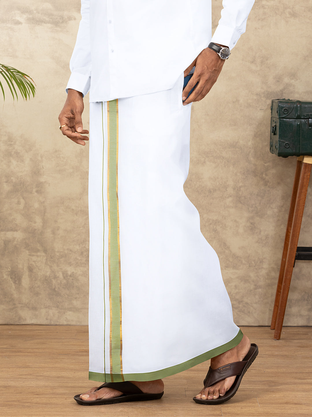 Men Cotton Blend Readymade Double Layer White Dhoti with Fancy Jari Border GFDA12