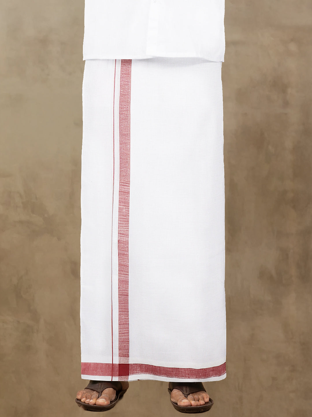 Men Maroon Border Premium Pure Linen Double Dhoti White 770