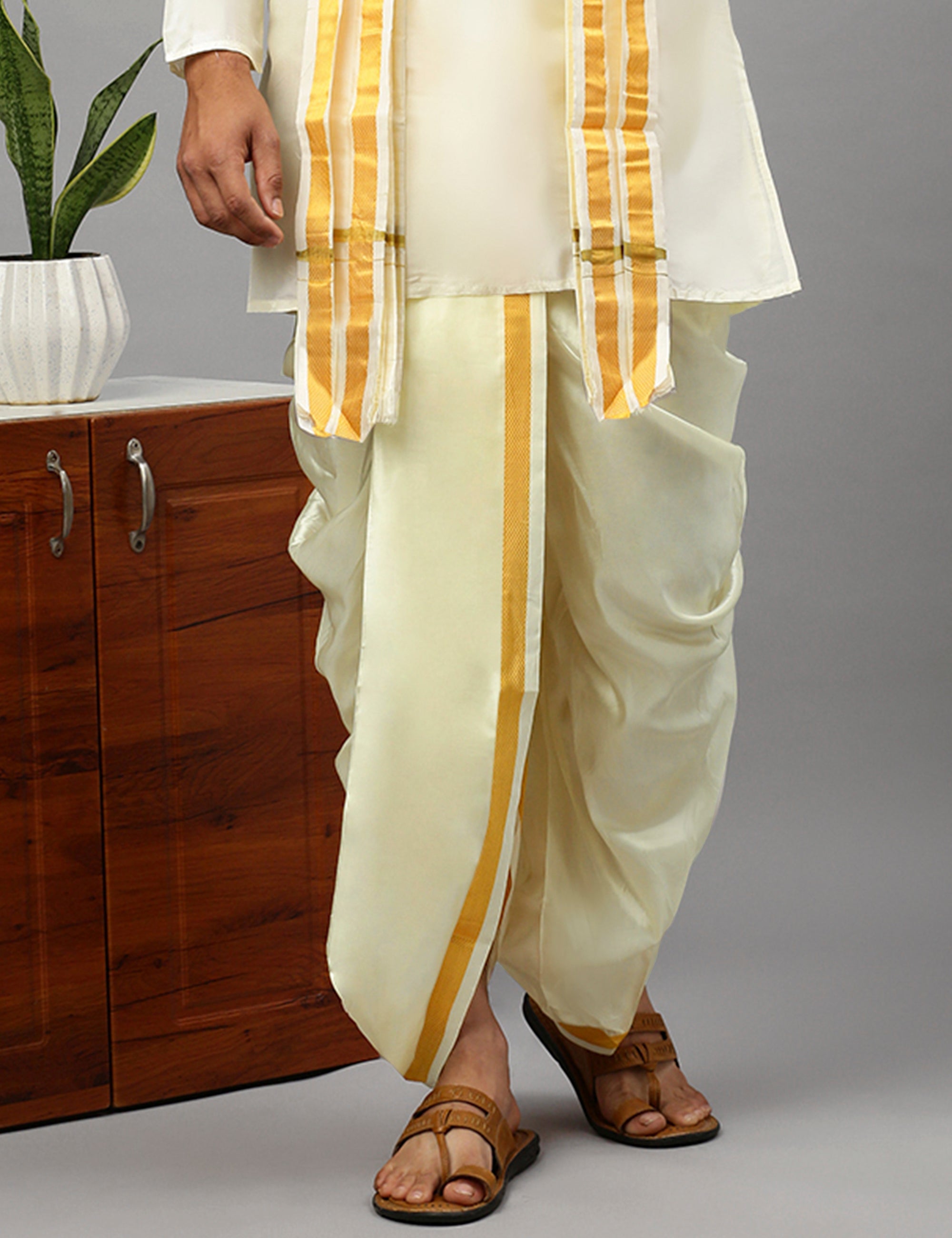 Men Readymade Soft Silk Panchakacham with Gold Jari Border