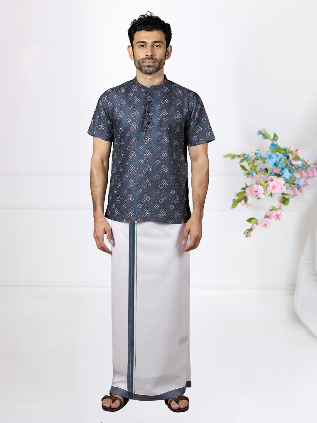 Men Cadet Grey Short Length Kurta with Matching Border Dhoti Set RI03