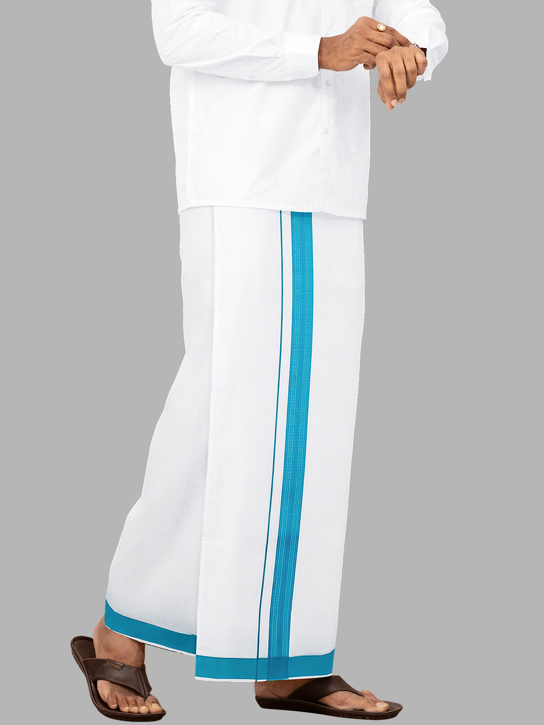 Men Blue Fancy Border Single Layer Adjustable Pocket Dhoti GACF12