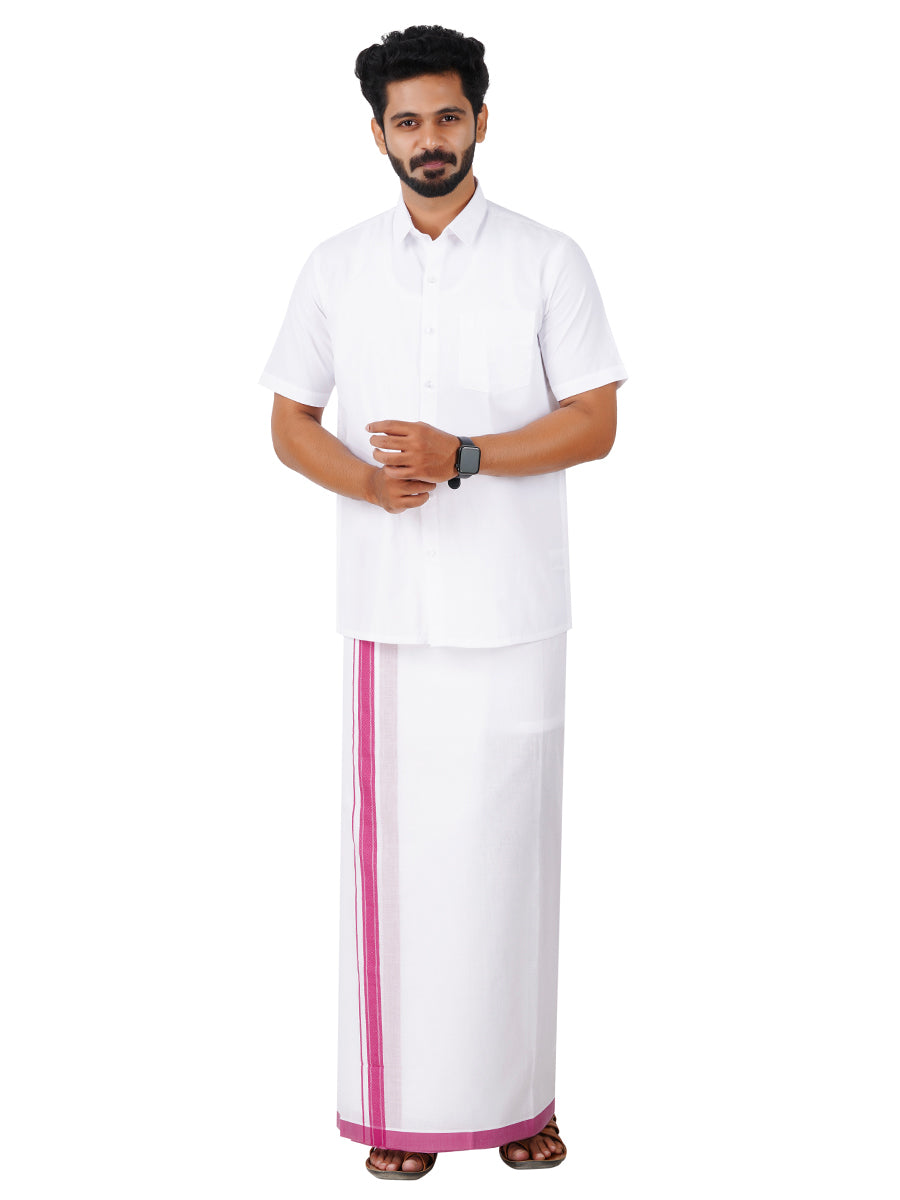 Mens White Double Dhoti with Purple Fancy Border Terra-Full view
