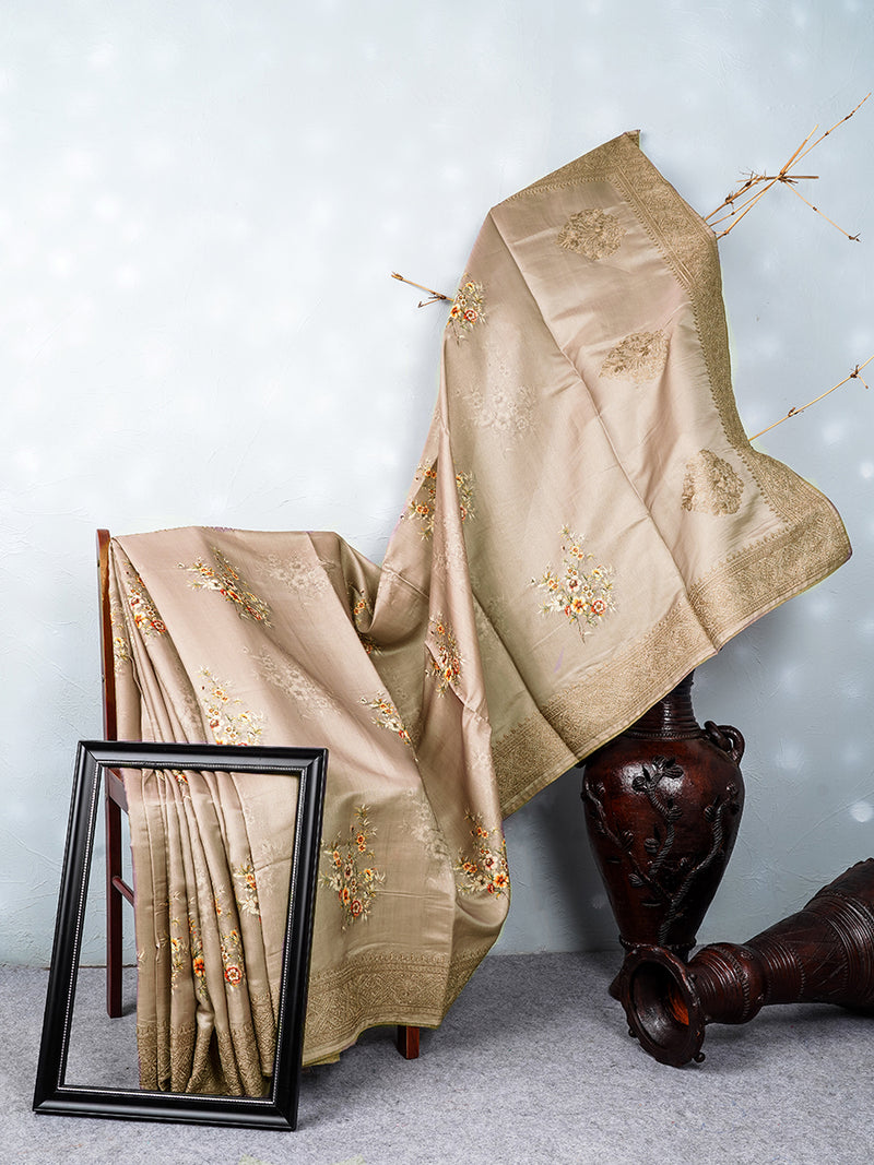 Semi Raw Silk Beige Colour Printed Saree with Embroidered Border SRS21