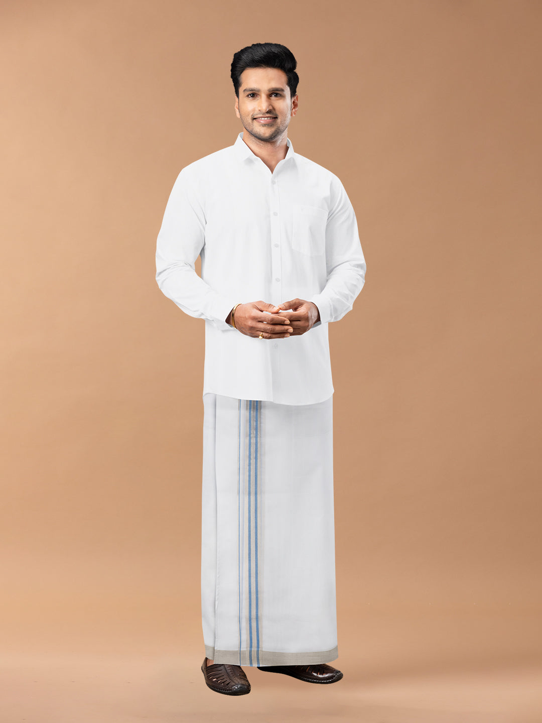 Mens Premium Handloom Dhoti Blue with Silver Jari Border HLM02