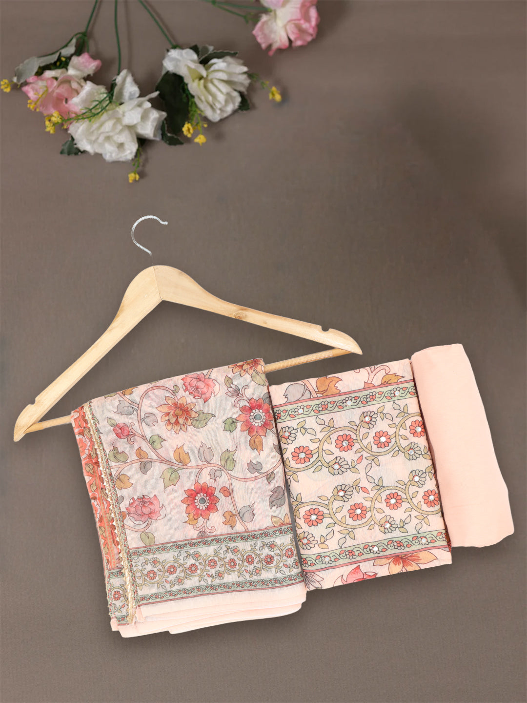 Women Pure Cotton Printed Dress Material Light Orange DM337