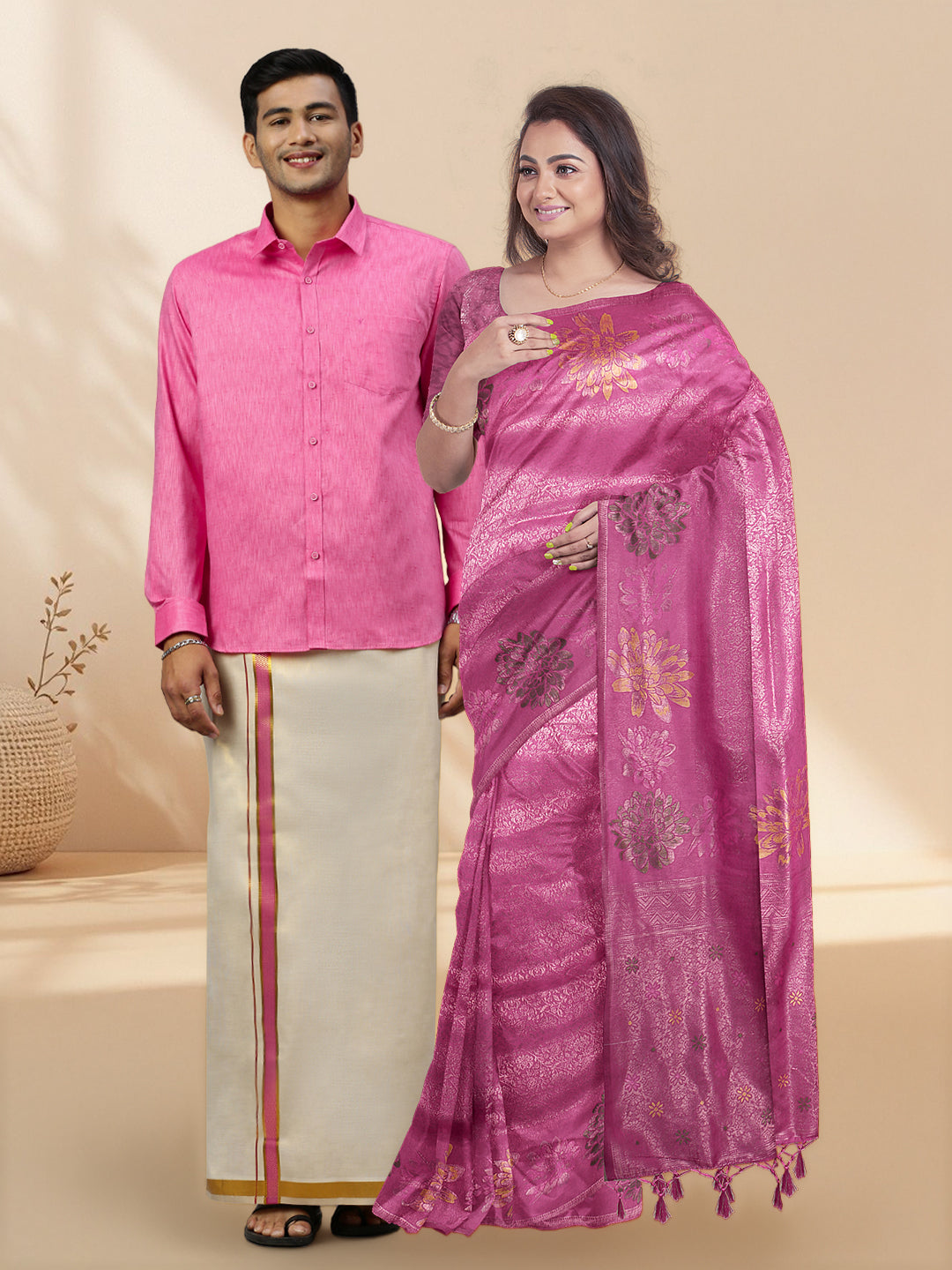 Couple Combo Shirt & Dhoti Set with Saree Pink SS372