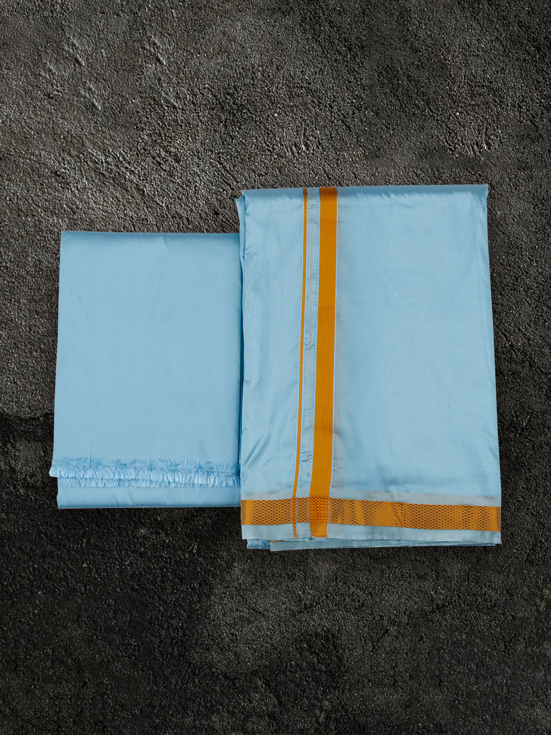 Mens Art Silk Sky Blue Shirting & Panchakacham Set with Gold Jari Border 9+5 Ashirwath