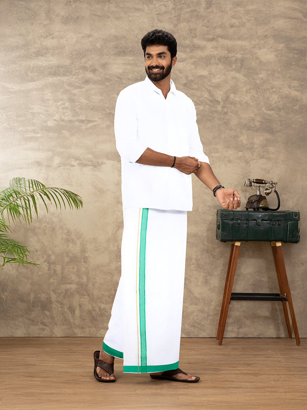 Men Cotton Blend Readymade Double Layer White Dhoti with Fancy Jari Border GFDA15