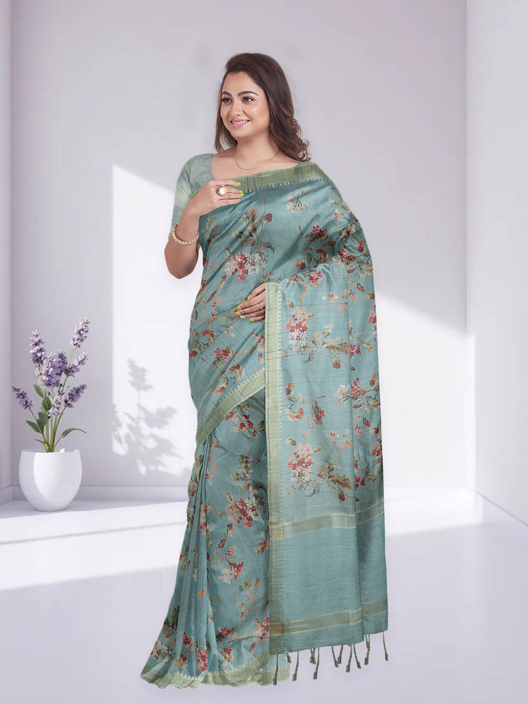 Women Mint Green Semi Raw Silk Printed Saree SRS106
