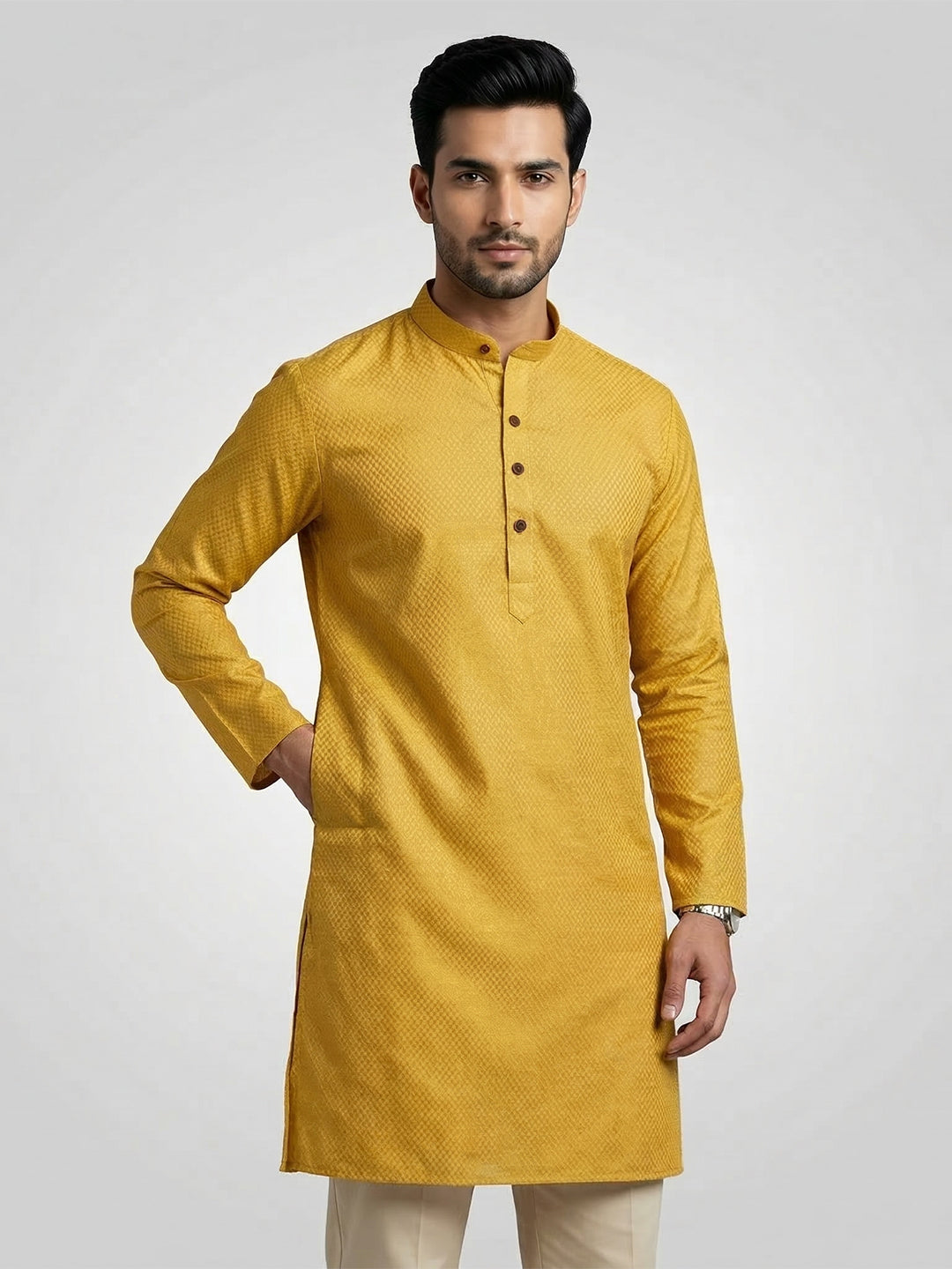 Men Cotton Medium Length Printed Pocket Kurta Mustard Yellow MHJ2