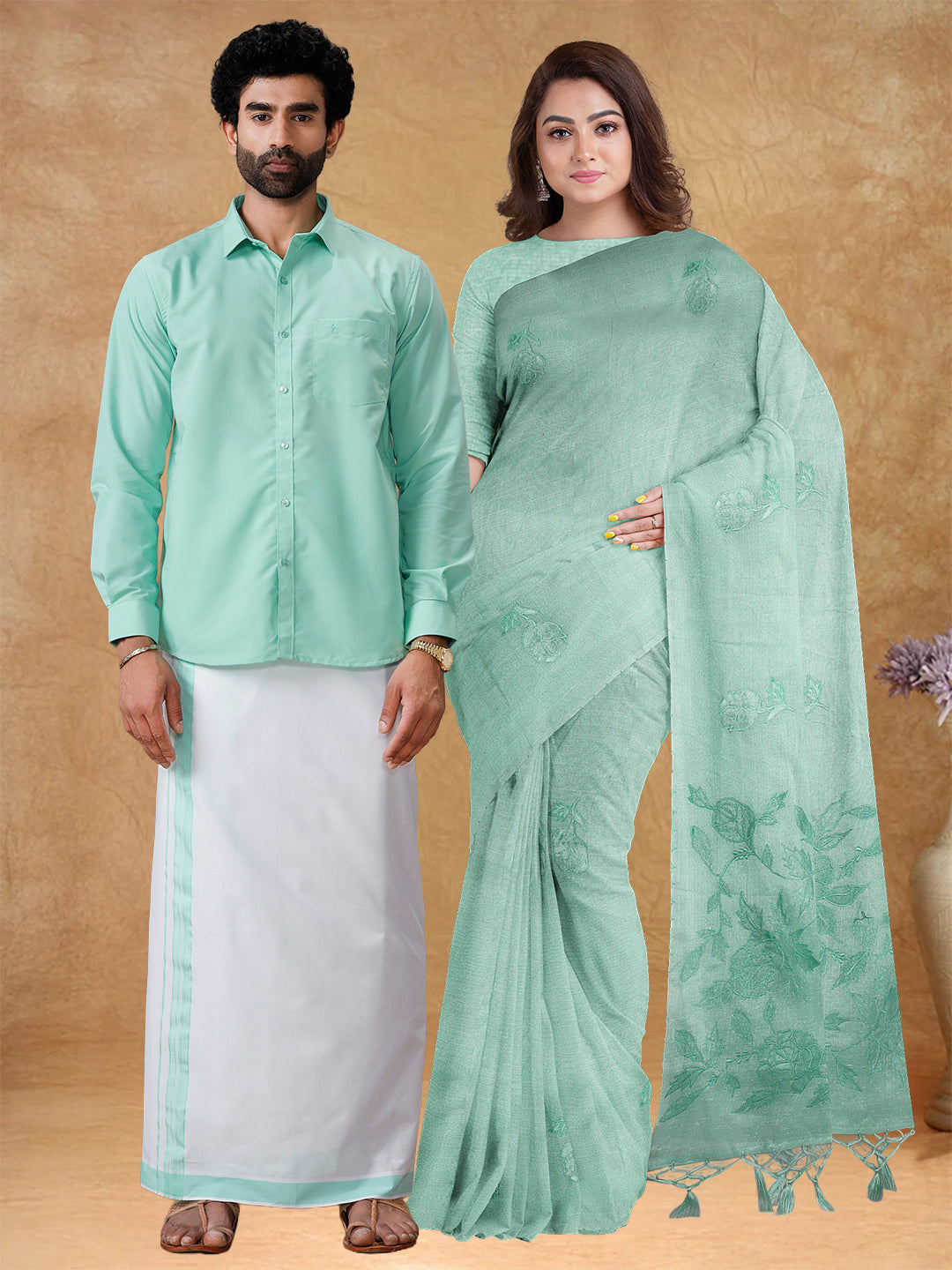 Couple Combo Shirt & Dhoti Set with Saree Mint Green ST218