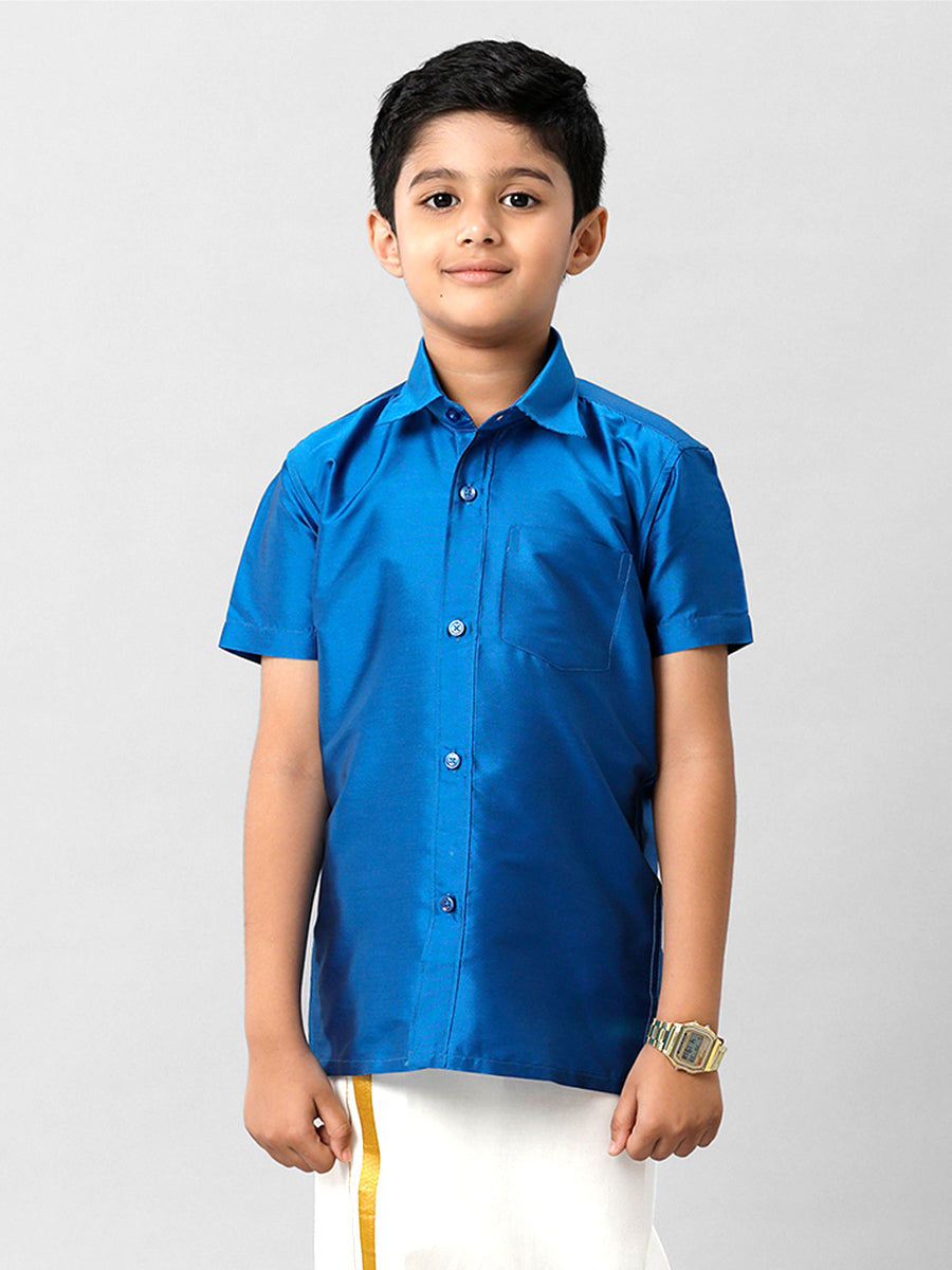 Boys Silk Cotton Royal Blue Half Sleeves Shirt K10