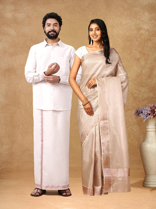 Couple Combo Shirt & Dhoti Set with Saree Rose Gold KS147