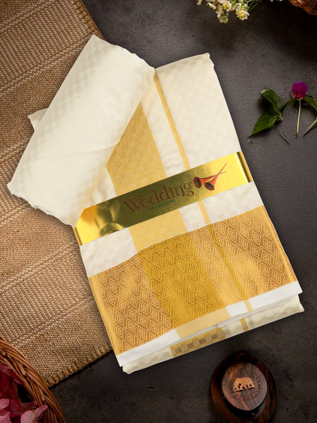 Men Art Silk Gold Jari Dhoti & Shirting Cream Mangalakara Set 140k (2 in 1)