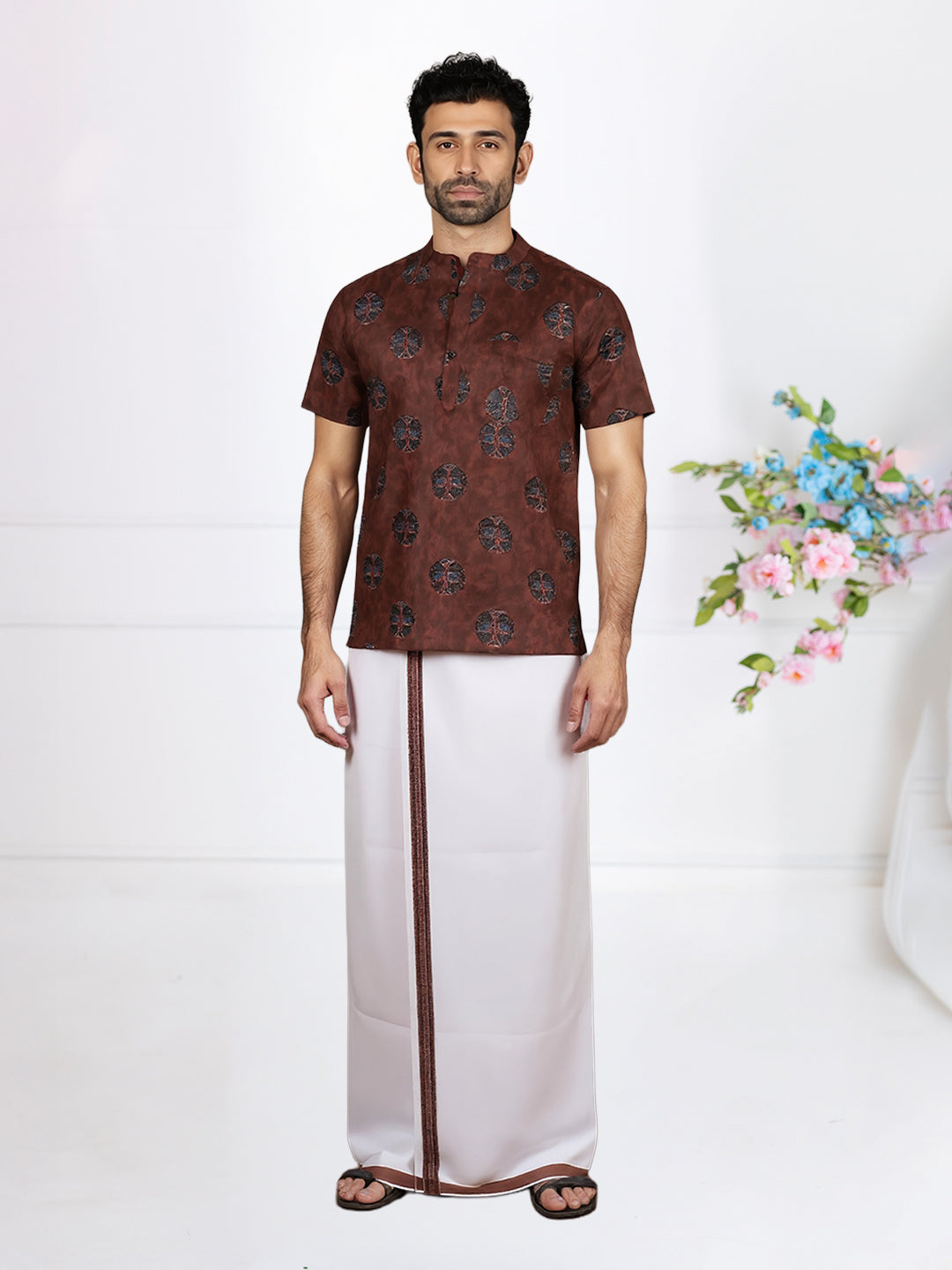 Men Reddish Brown Short Length Kurta with Matching Border Dhoti Set OE11