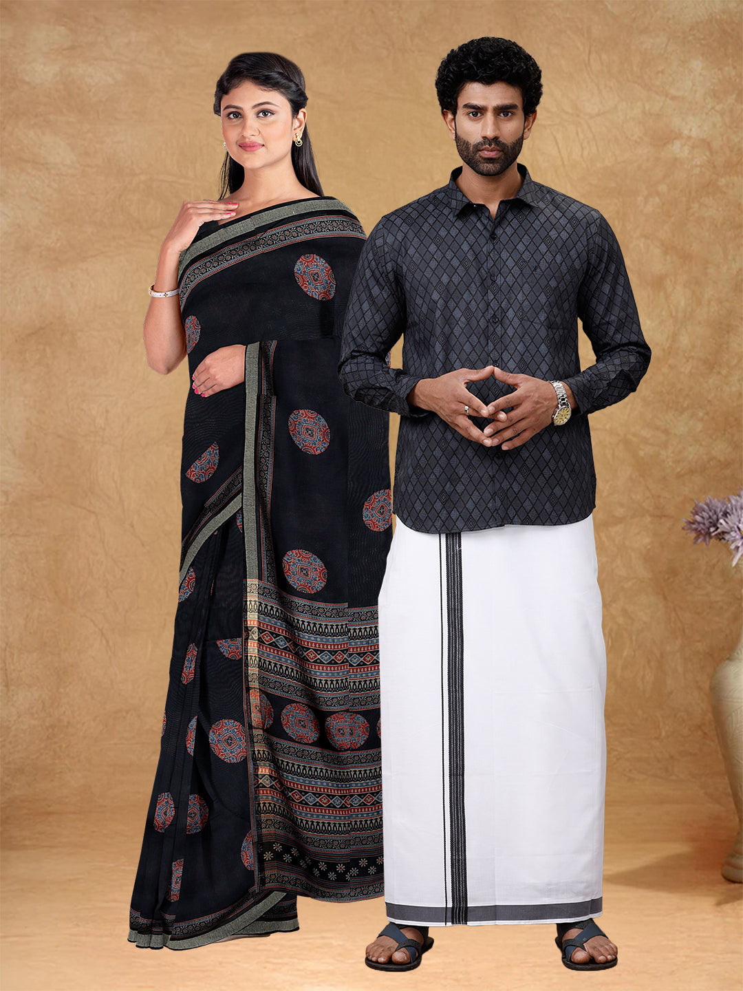 Couple Combo Shirt & Dhoti Set with Saree Black SC55