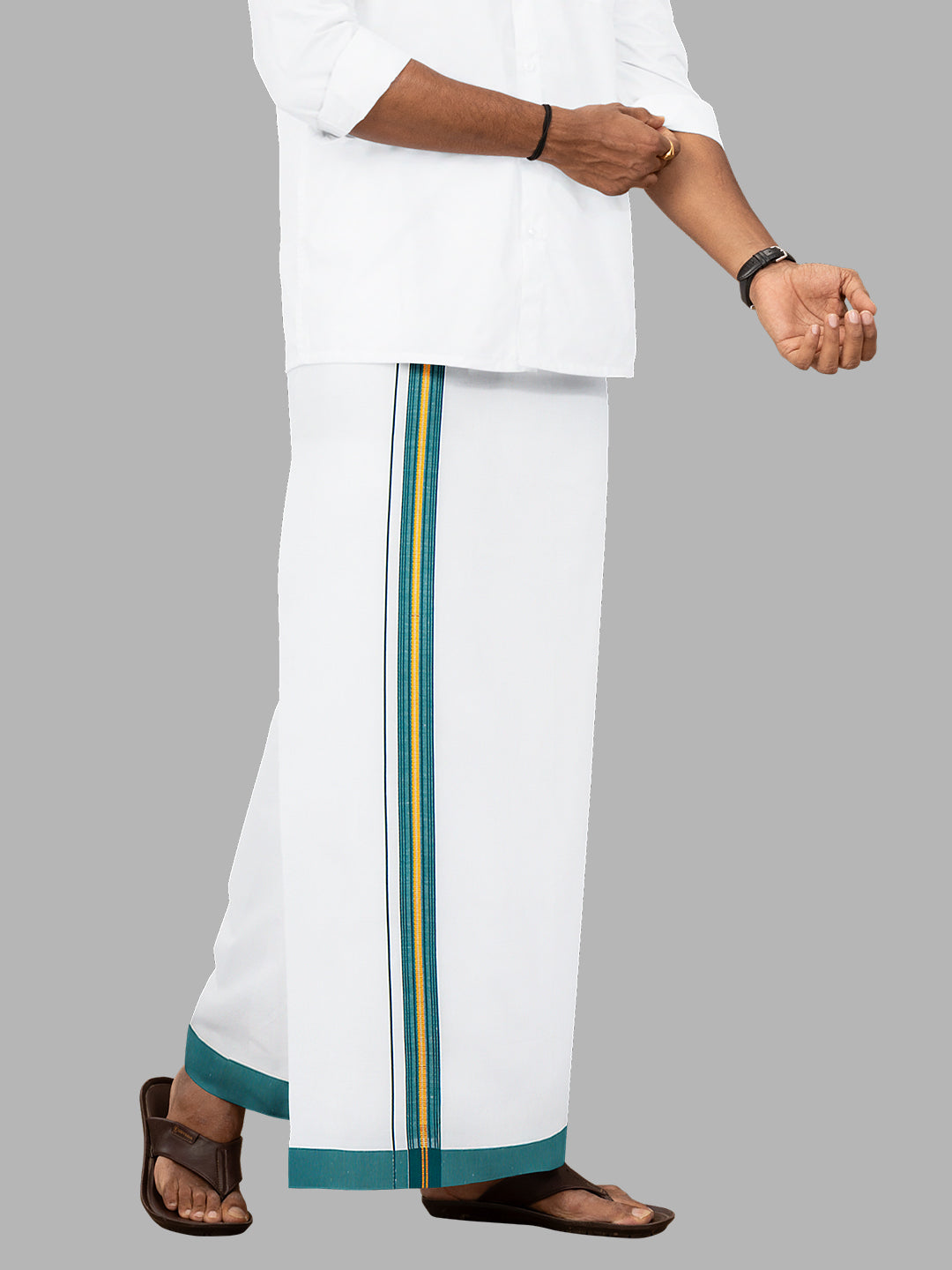 Men Green Fancy Jari Border Single Layer Adjustable Pocket Dhoti GACJ36