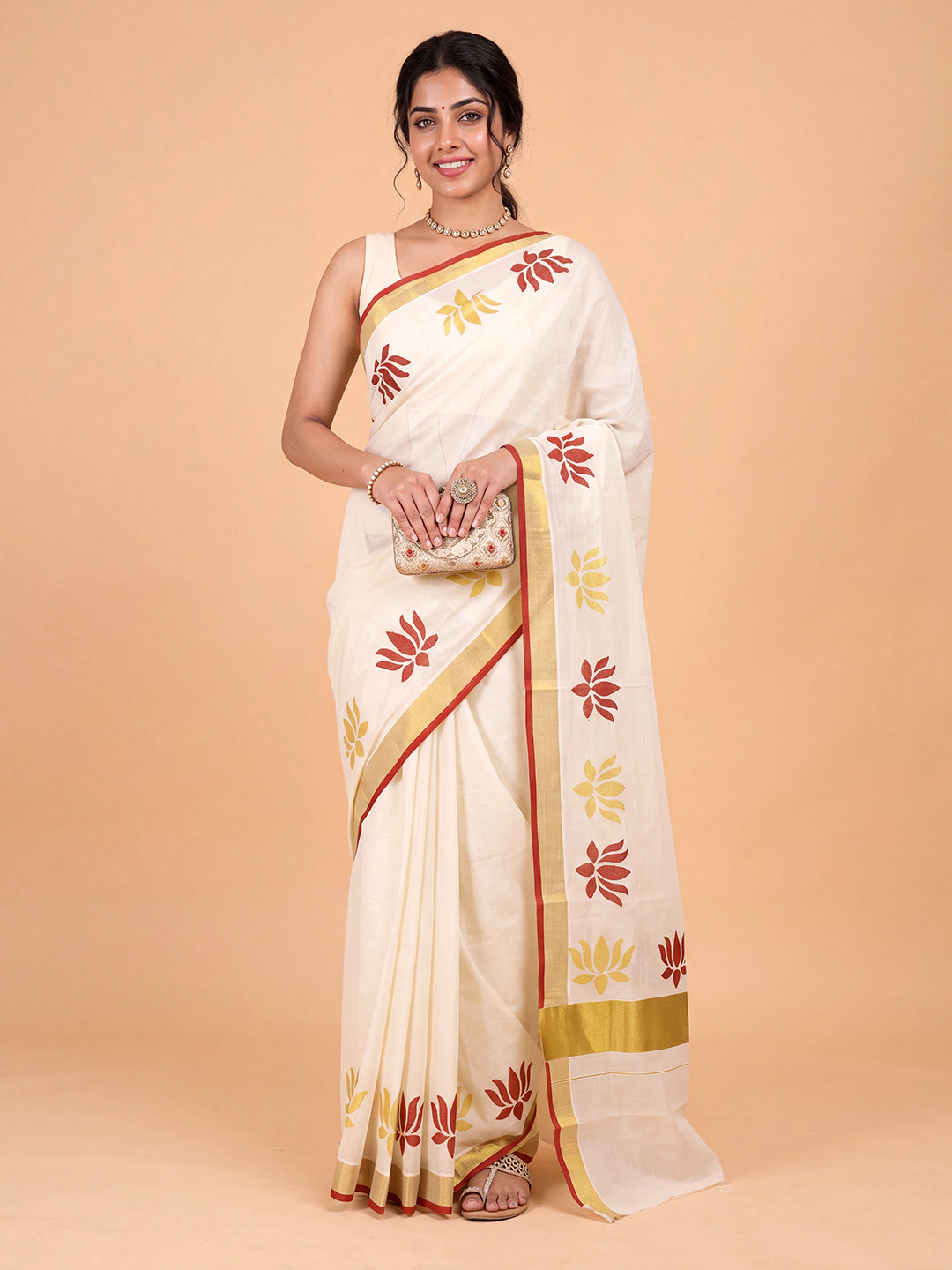 Women Kora Cotton Cream Printed Saree with Gold Jari KLS62
