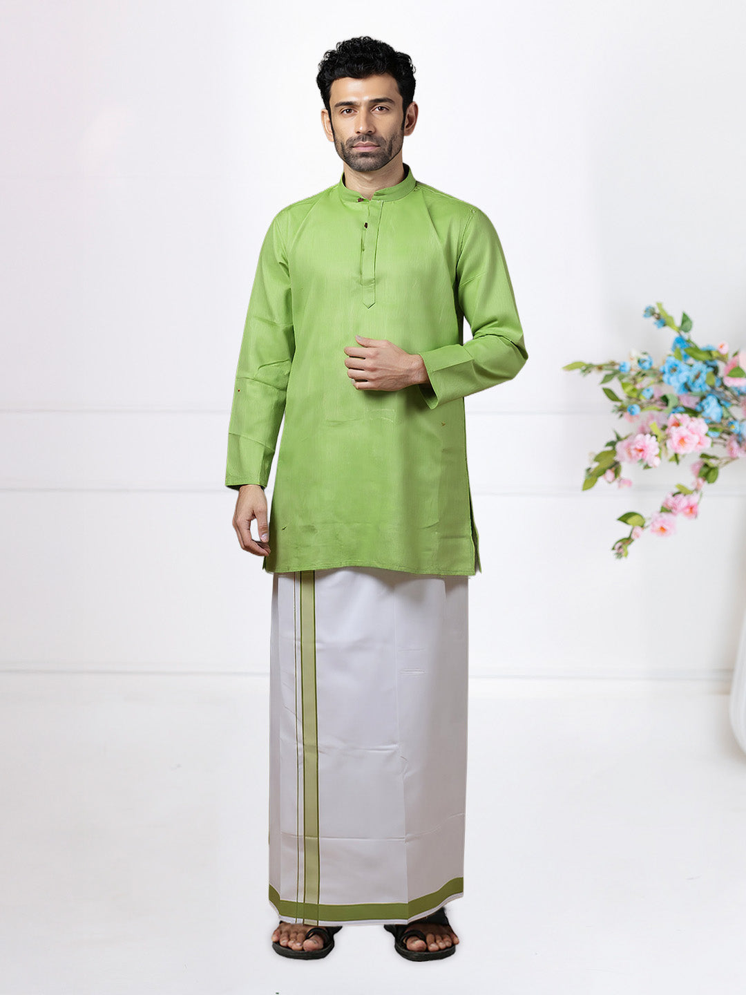 Men Apple Green Medium Length Kurta with Matching Border Dhoti Set PC4