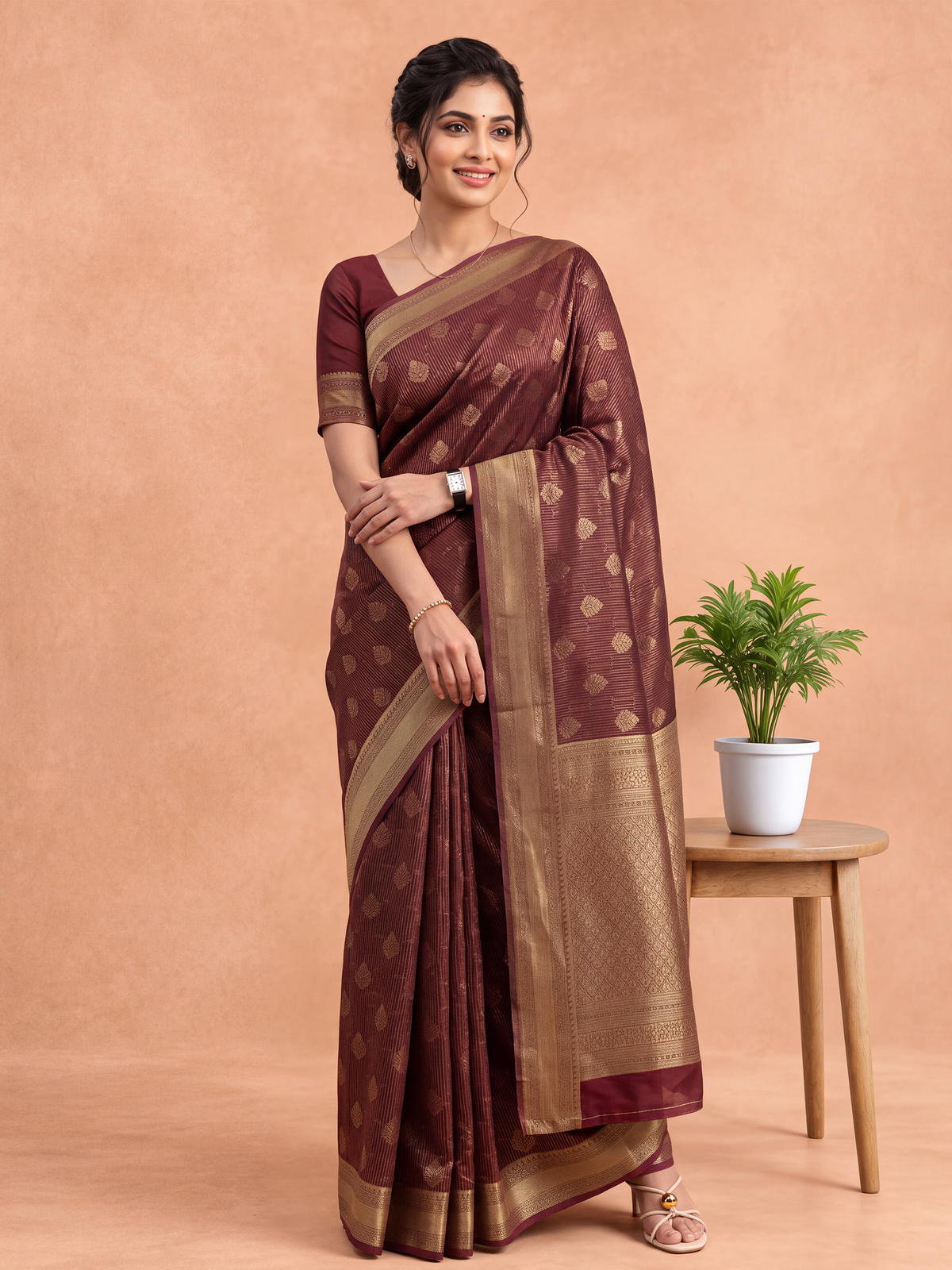 Women Art Silk Maroon with Sandal Saree ASS154