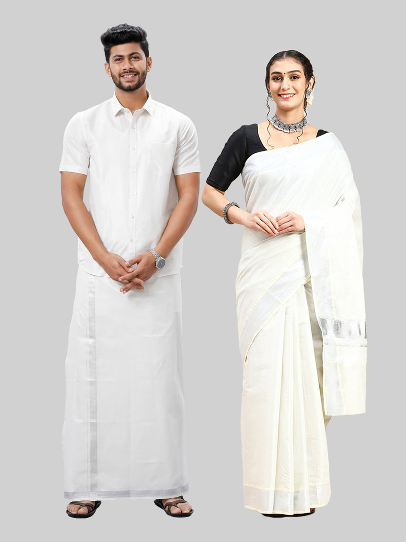 Tissue Silver Jari Shirting with Dhoti Set & Saree Couple Combo SCC05