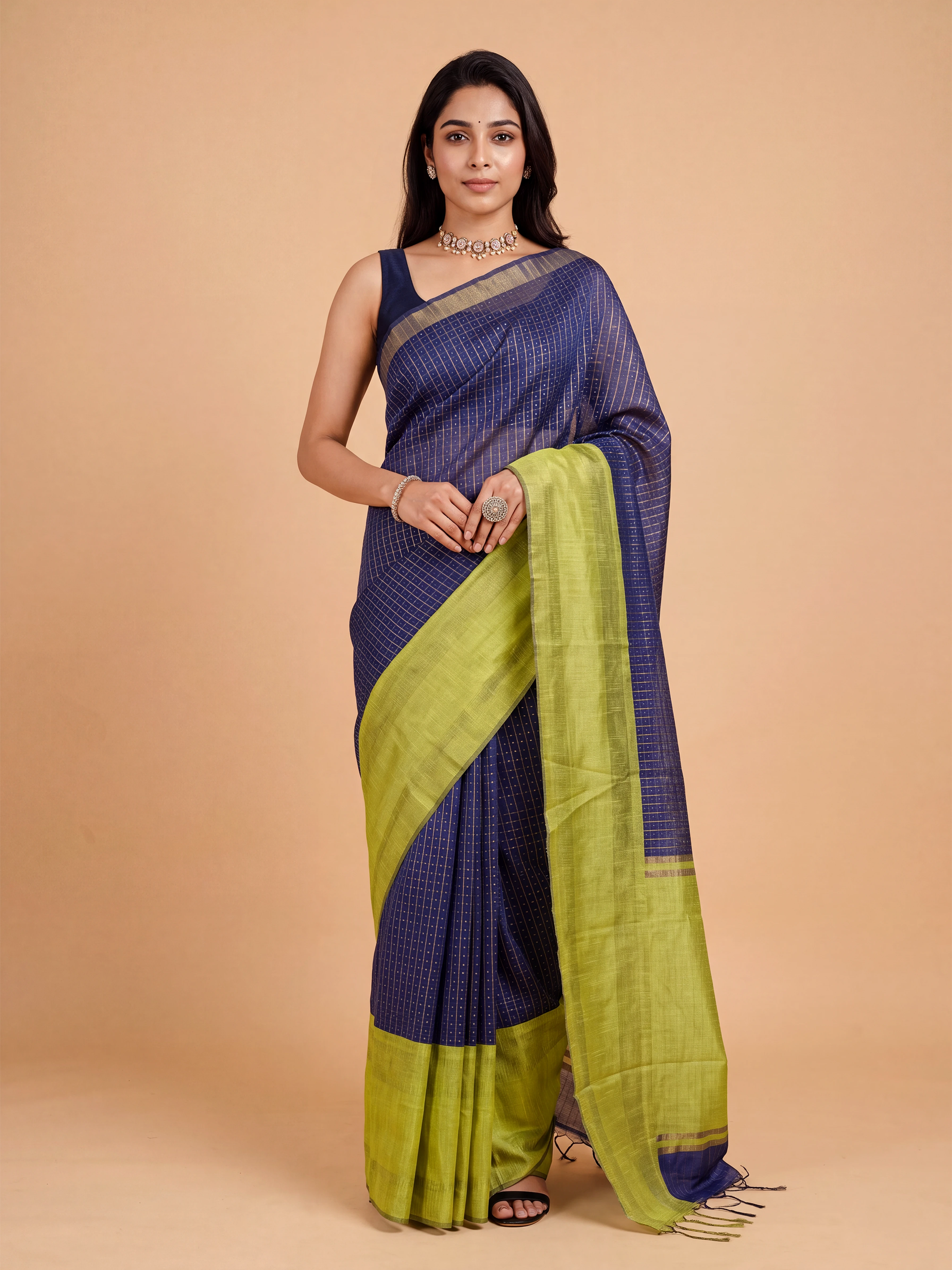 Women Semi Linen Dark Blue Checked Fancy Saree SL262