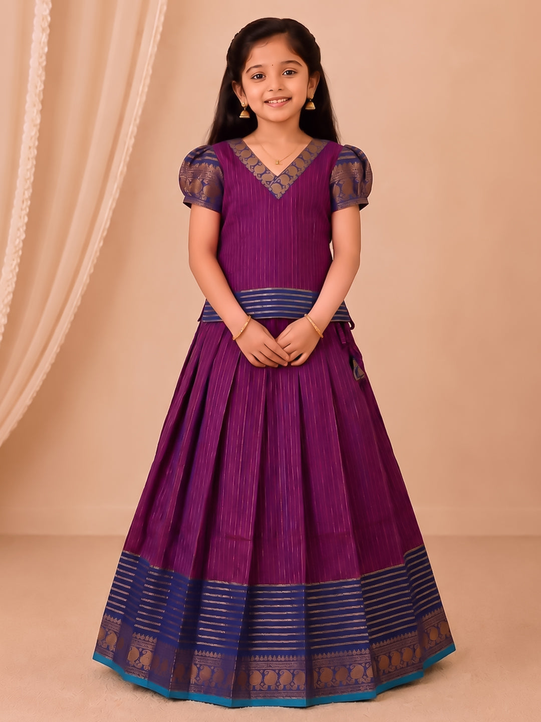 Girls Cotton Purple Pattu Pavadai Set GPS56