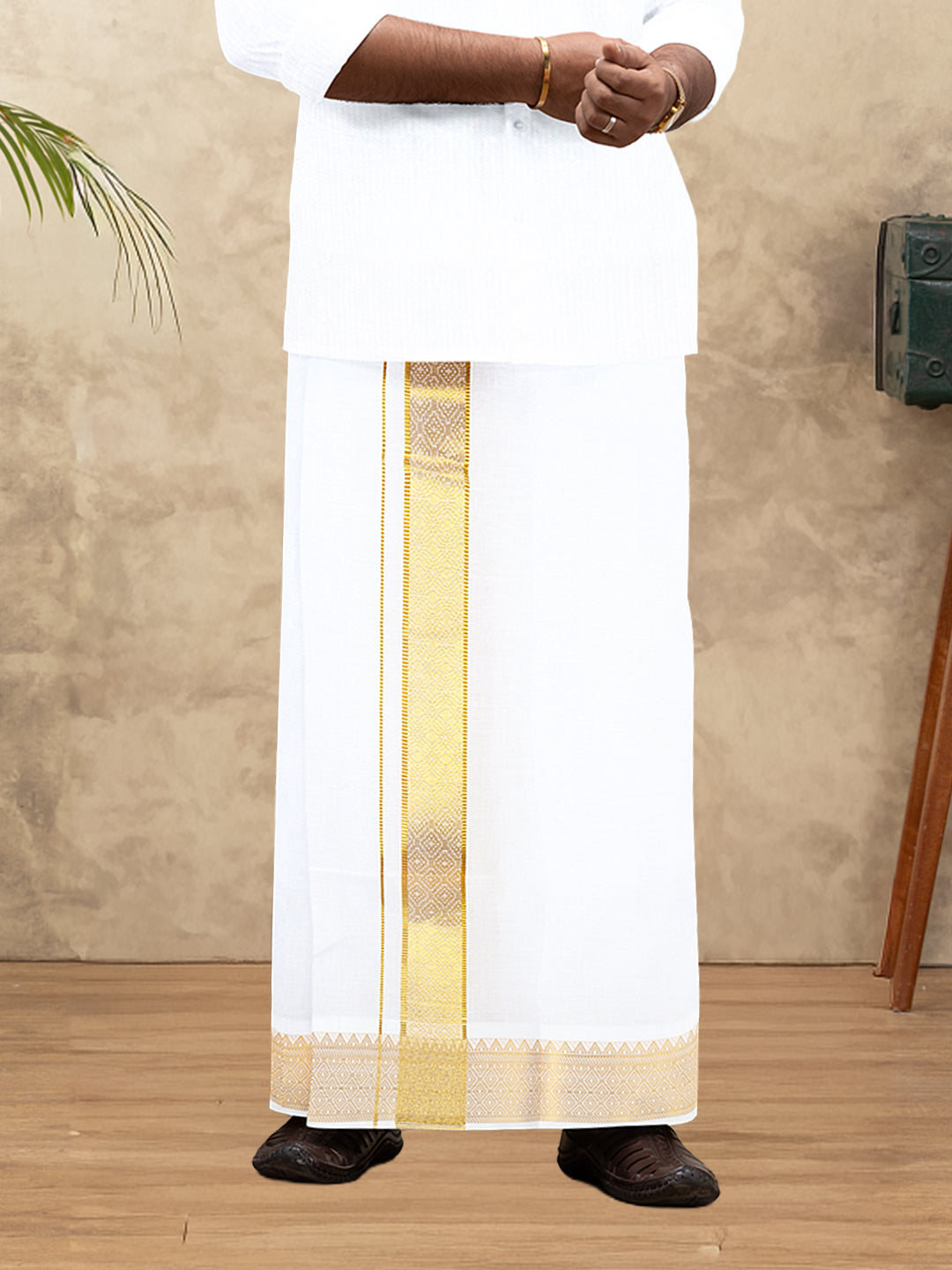 Men 100% Cotton Single Layer White Dhoti with Gold Jari Border Aura 306