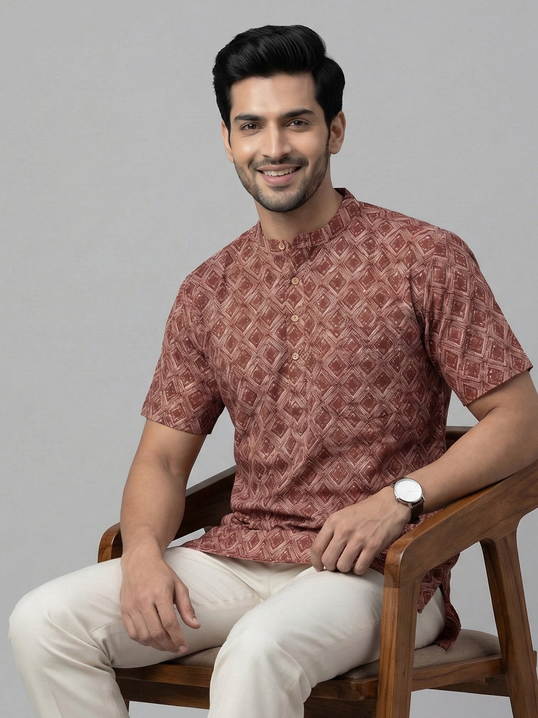 Men Cotton Short Length Printed Pocket Kurta Red OG21