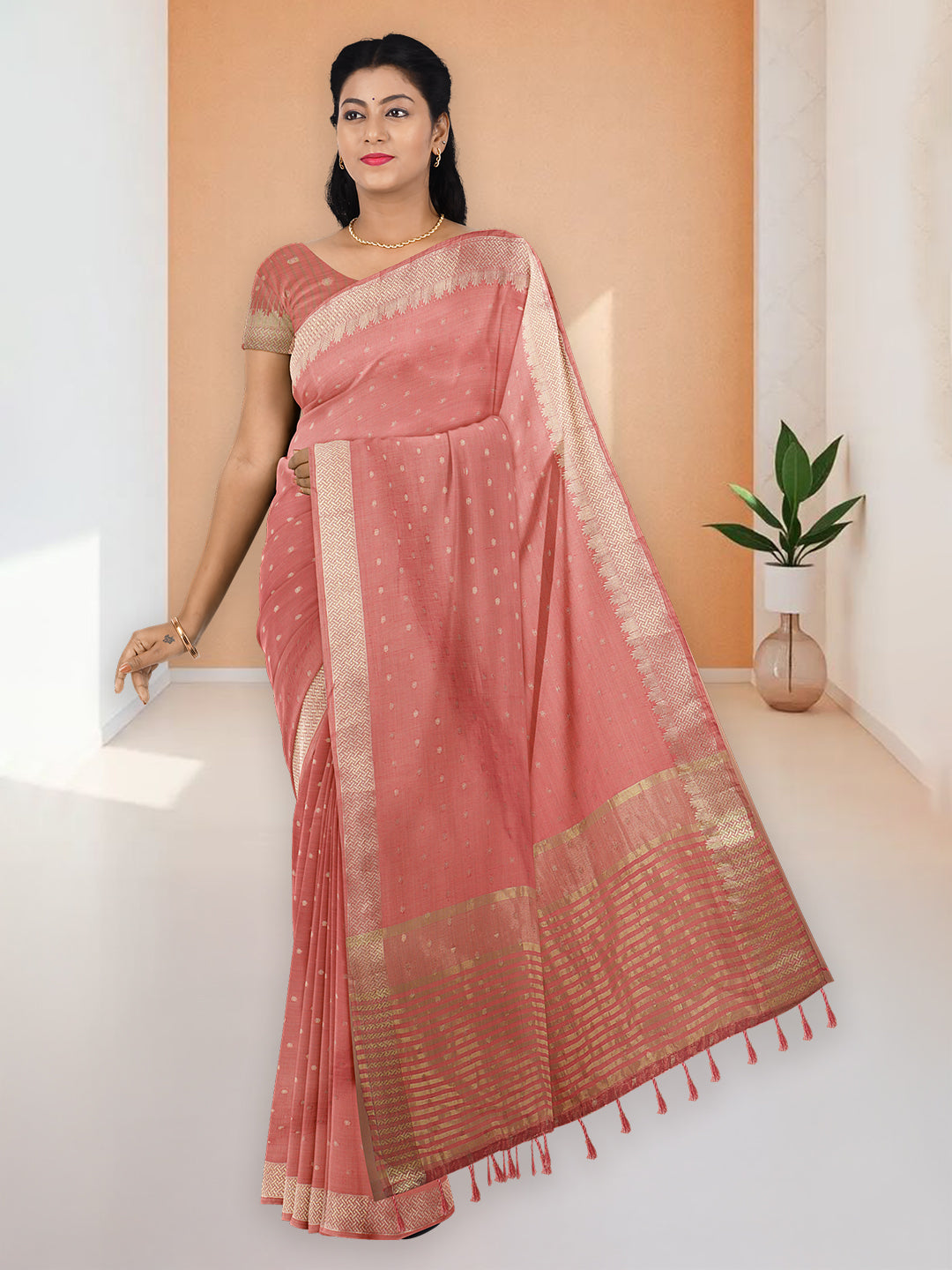 Women Orange Cotton Weaving Saree PCS188