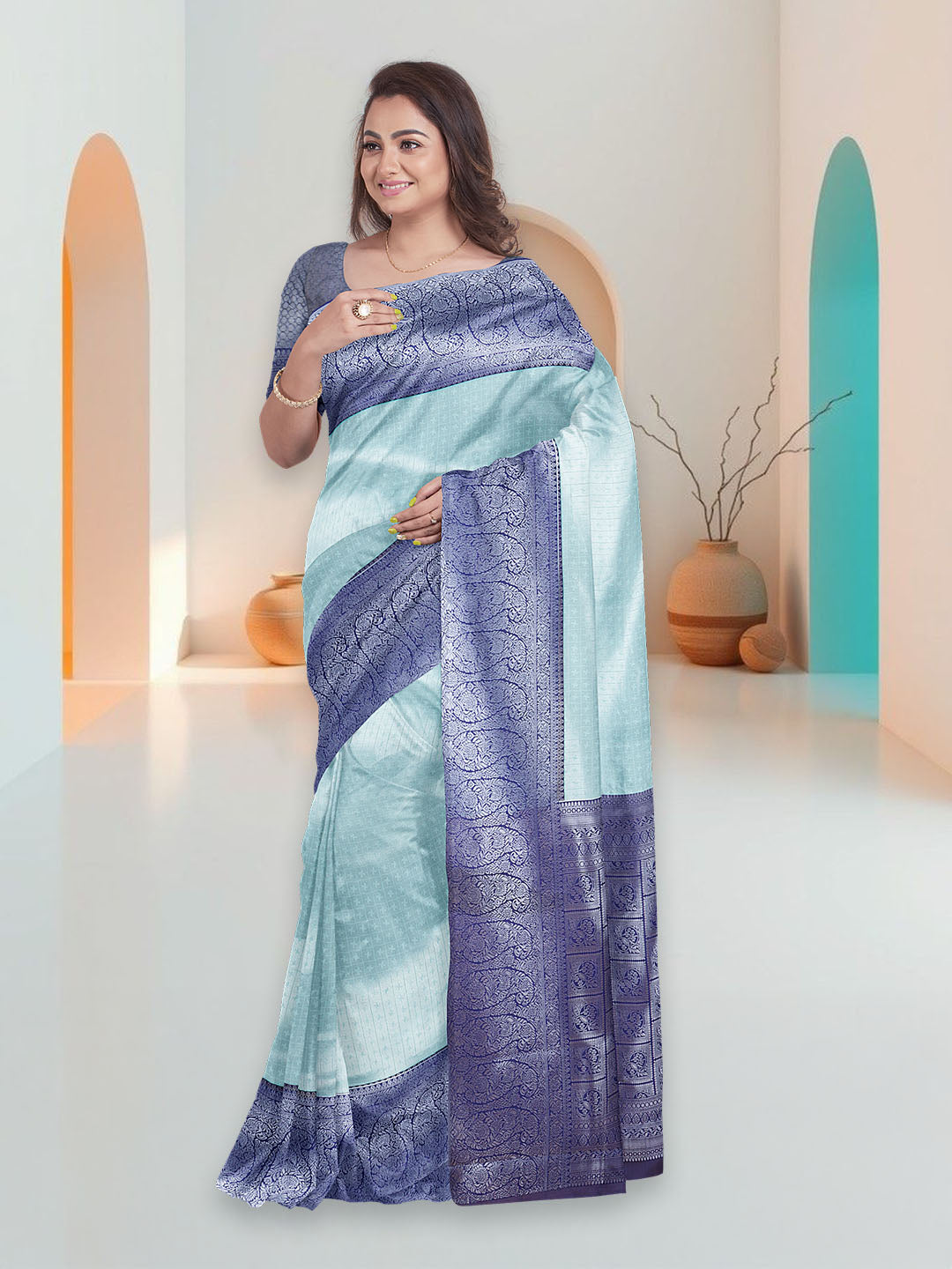 Women Cyan Blue Art Silk Printed Saree ASS87