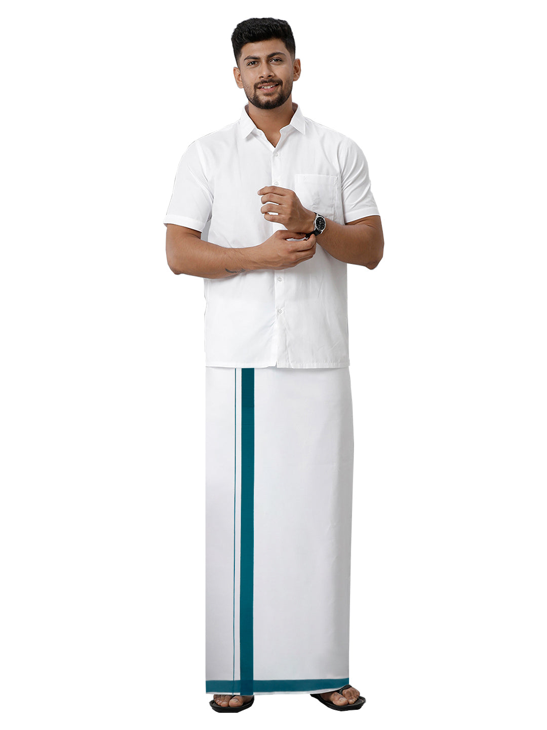 Mens Elegant Look Cotton Single Dhoti with Forest Green Fancy Border