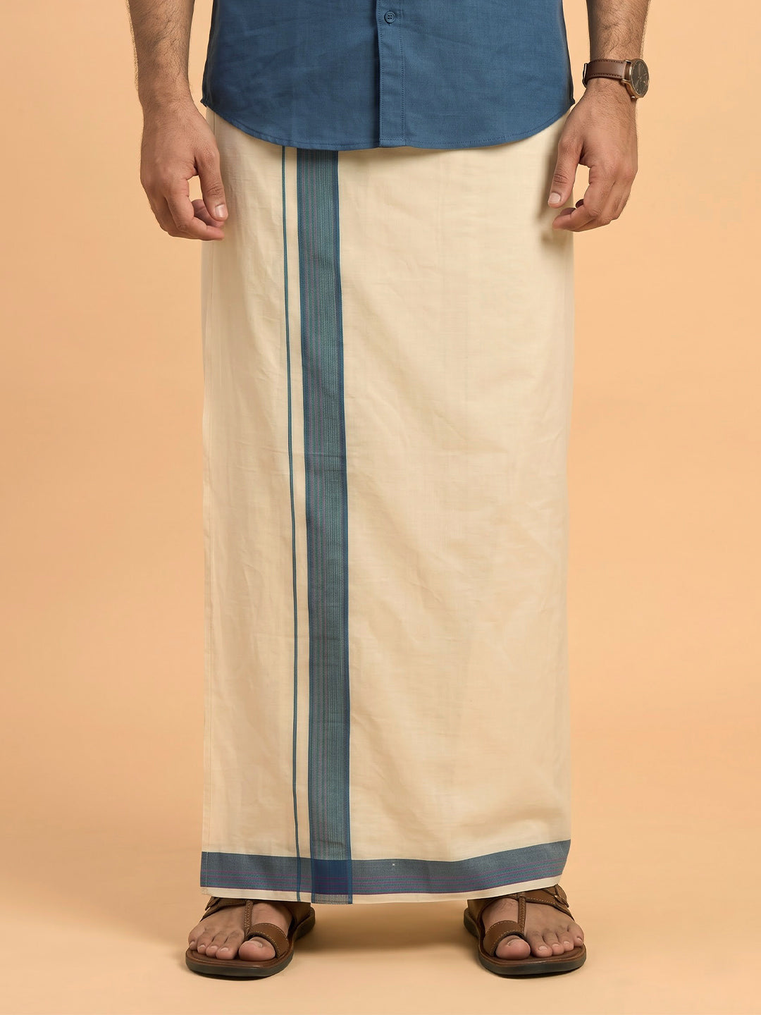 Double Layer Premium Handloom Cream Dhoti with Colour Border - HLM120