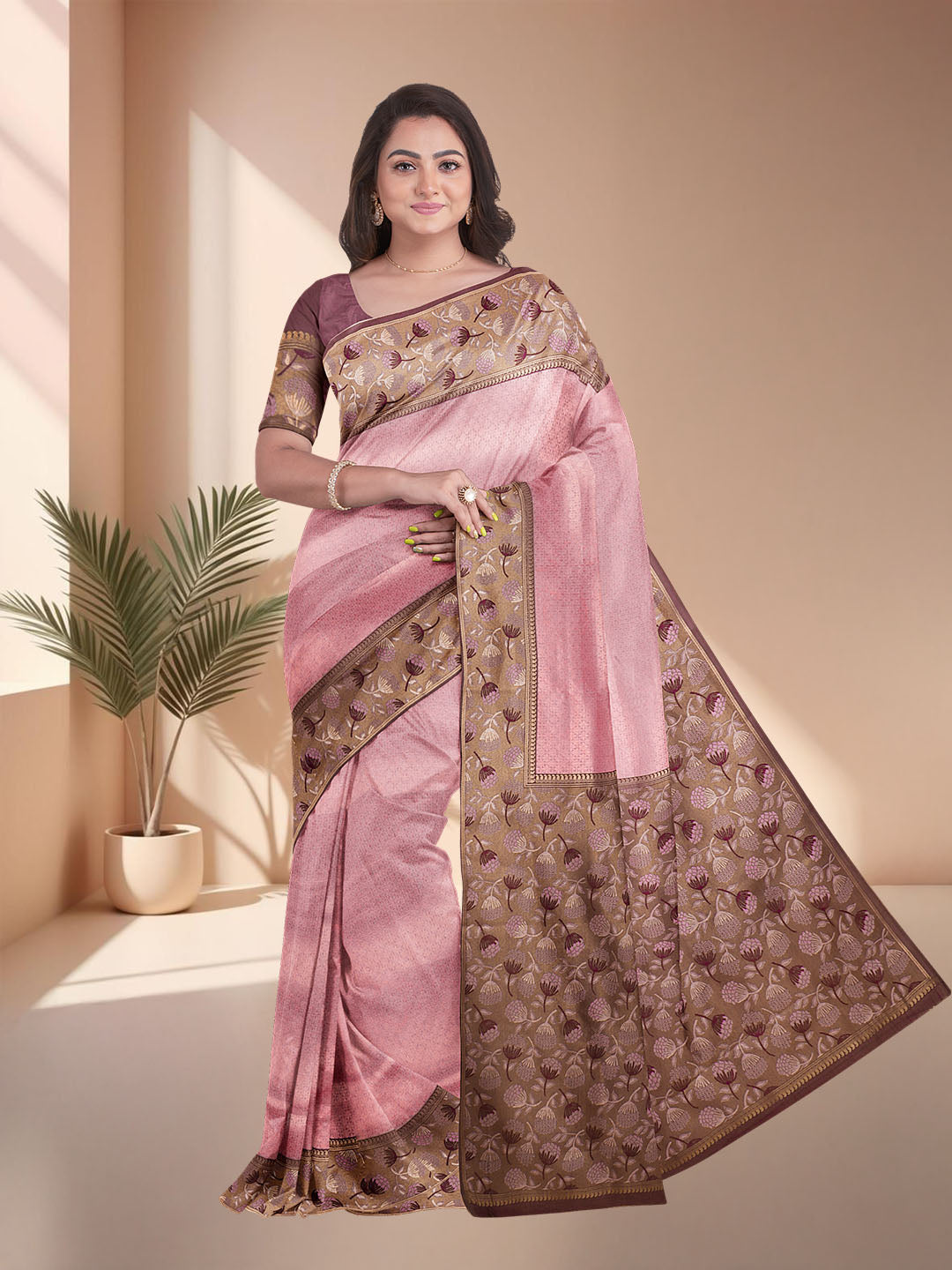 Women Pink Art Silk Printed Saree ASS75