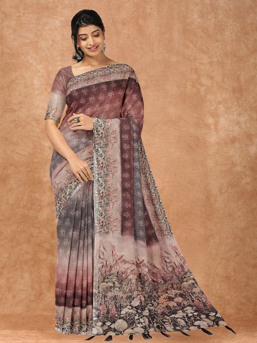 Women Brown Semi Chanderi Cotton Printed Saree MP06