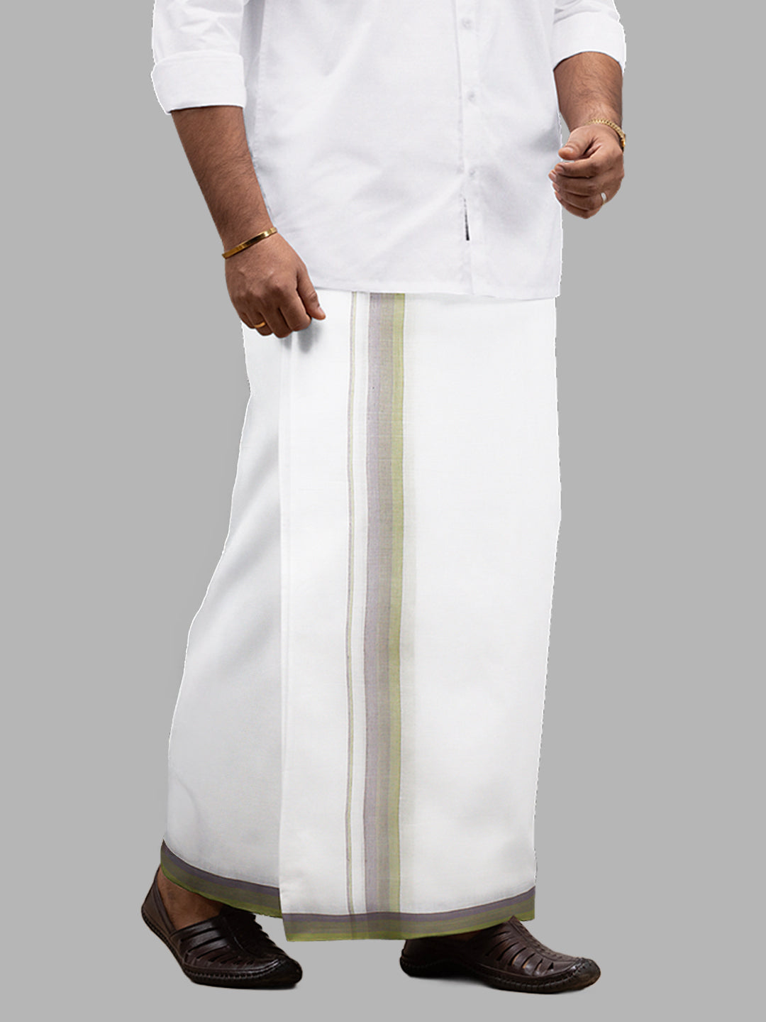 Men Green Fancy Border Double Layer White Dhoti RVS04