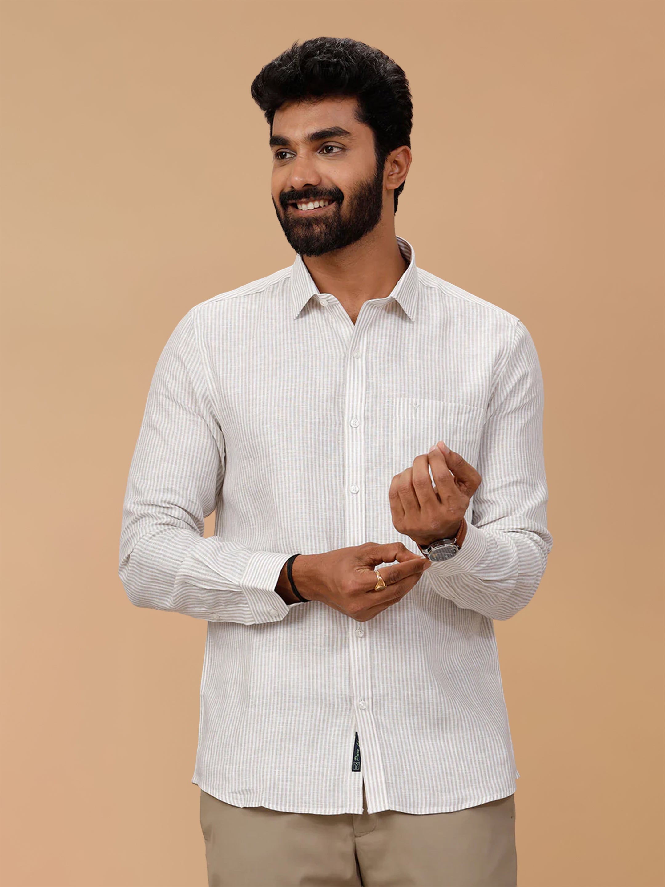 Pure Linen Timber Greeny Line Striped Smart Fit Shirt LS87